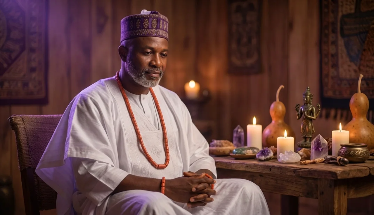 Baba Ali seated beside a candlelit spiritual altar in quiet contemplation