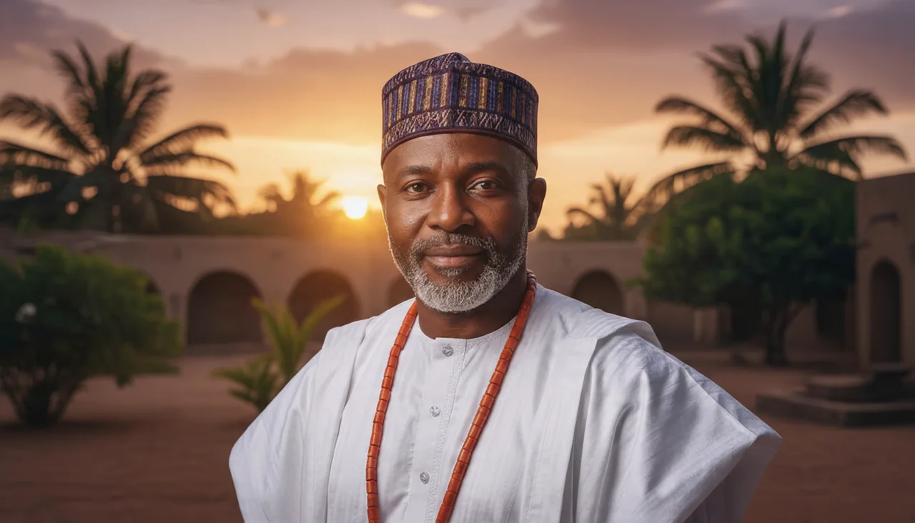 Baba Ali outdoors in traditional attire at sunset