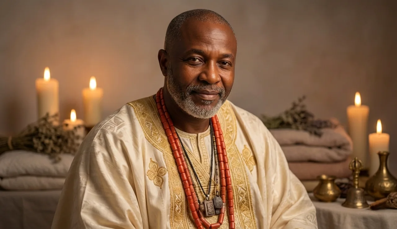 Baba Ali in traditional West African attire at a candlelit spiritual setting