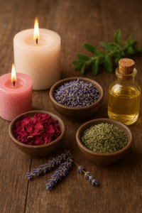 Herbs and candles for a spell to stop a divorce