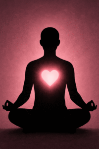 A person performing a love spell without ingredients through heart chakra meditation and visualization.