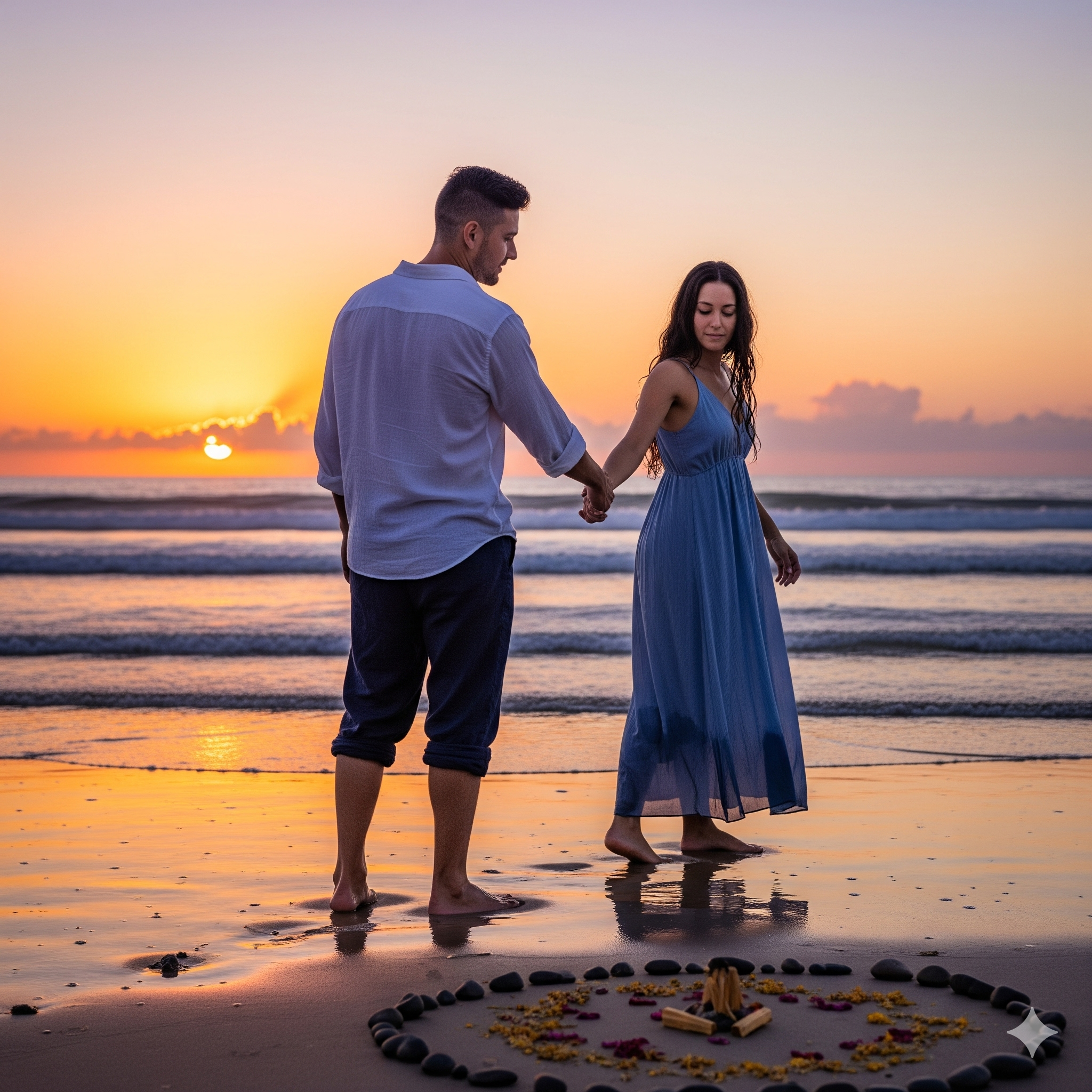 Man walking on a beach while holding a woman's hand, symbolizing guiding a lost love back through spiritual attraction and love spells.