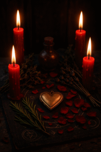 Voodoo love spell ritual with red candles, herbs, and a personal locket on an altar.