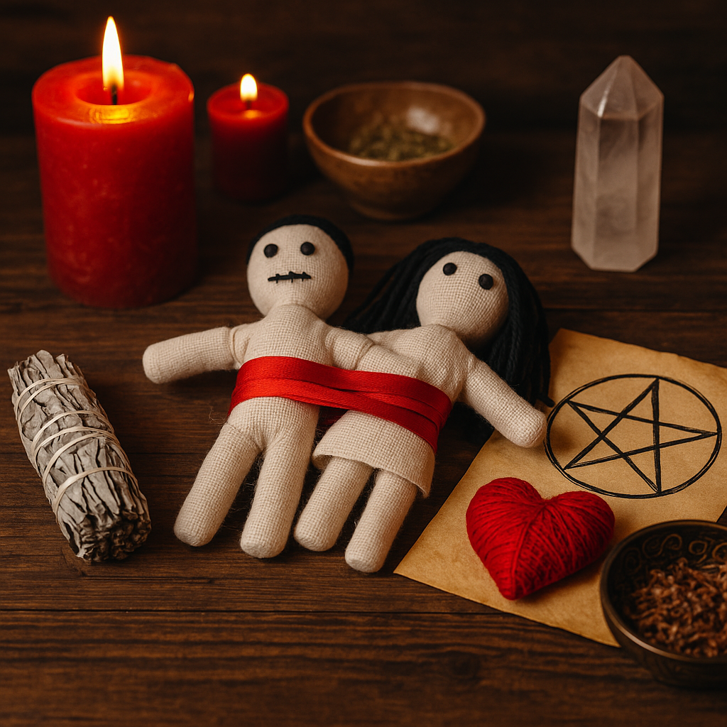 Fast working love spell altar with red candles, bound dolls, herbs, and crystals for reuniting lovers