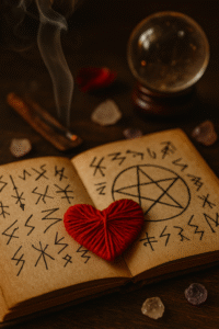 Love spell charm made of red yarn heart on mystical book with incense smoke