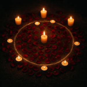 Protective circle with petals and candles used in fast working love spell