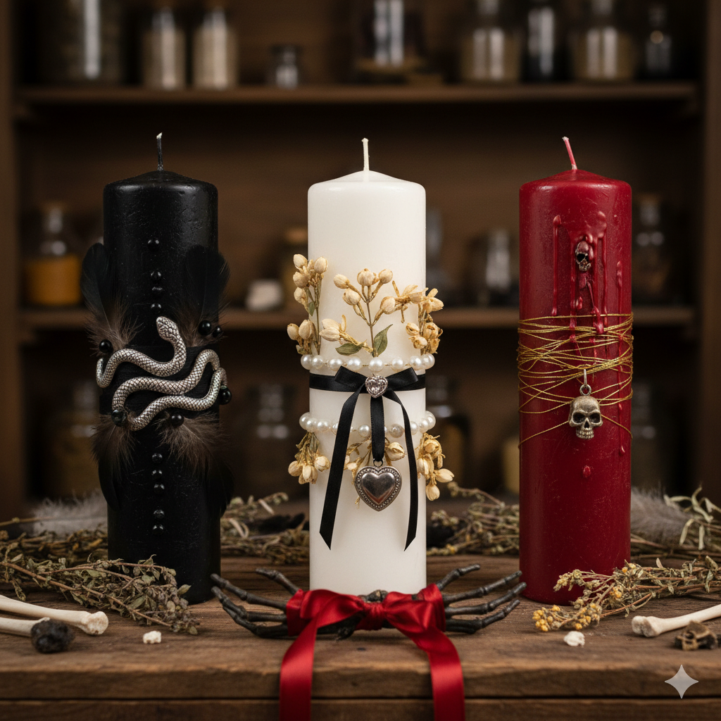 Three voodoo marriage ritual candles (black, white, and red) used to reconcile lovers and bring an ex back in love spells.