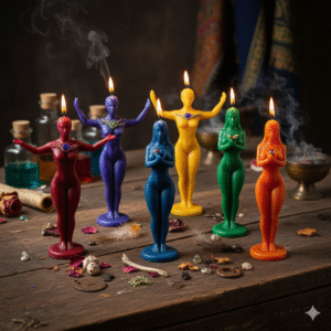 Various colored voodoo love spell candles shaped like male and female figures arranged on a table.