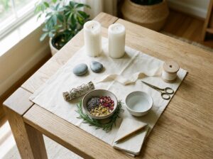 Altar setup with ritual photo and sacred candles for love spell work by Baba Ali