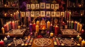 Altar with candles and photos of loved ones for lost love reunion ritual