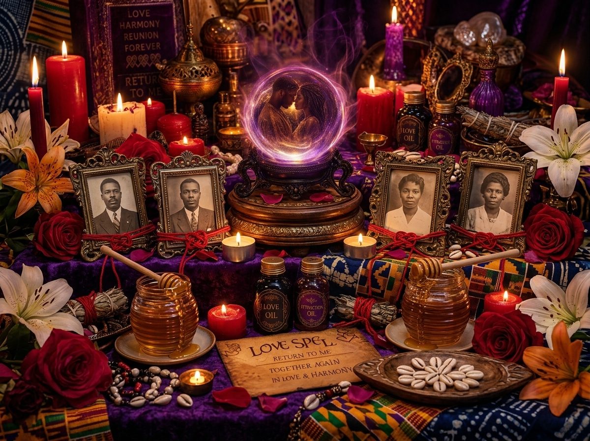 Ancestral altar with candles used in practitioner-guided love spell ritual work