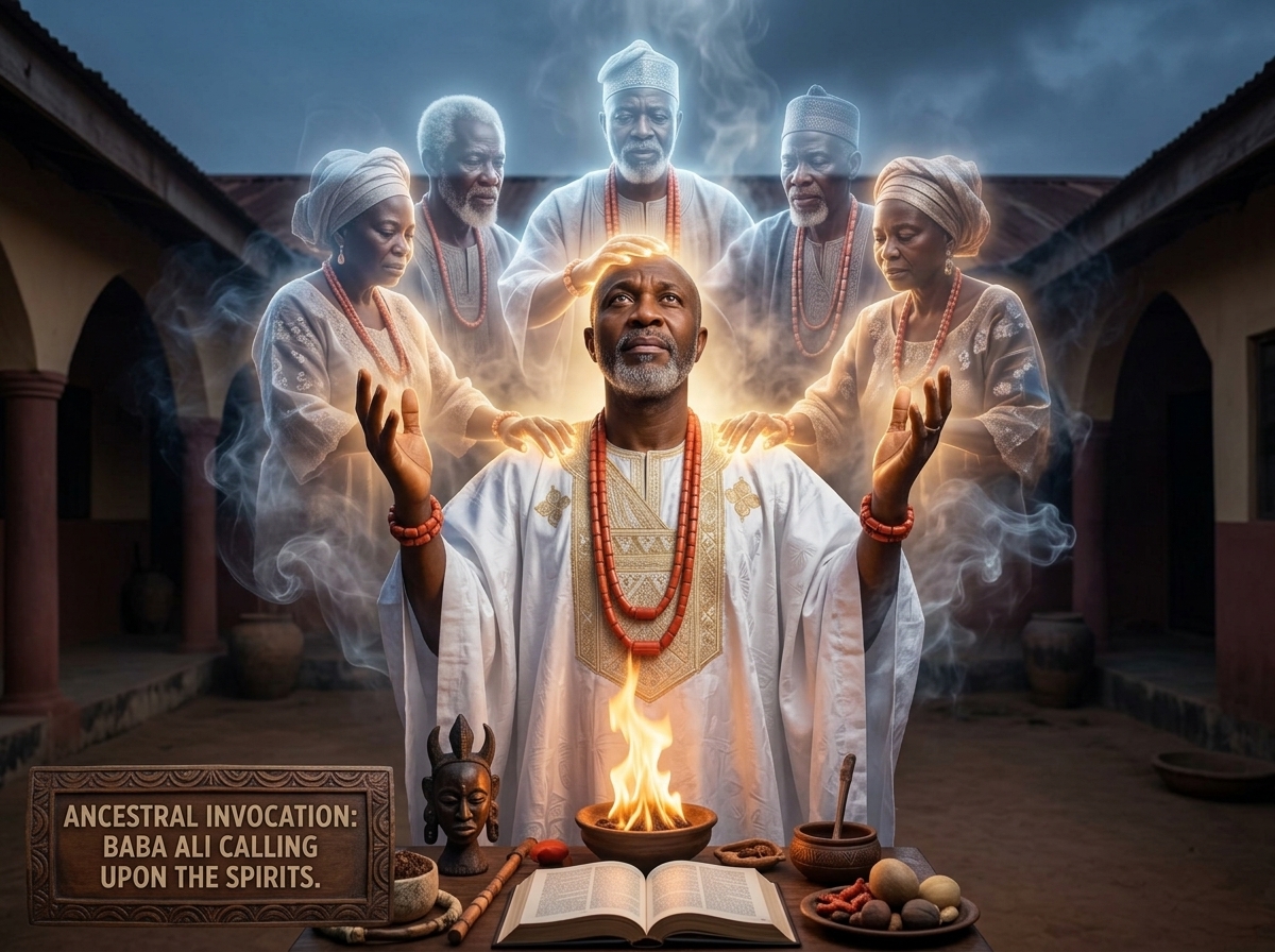 Baba Ali calling ancestral lineage spirits during sacred initiation ceremony