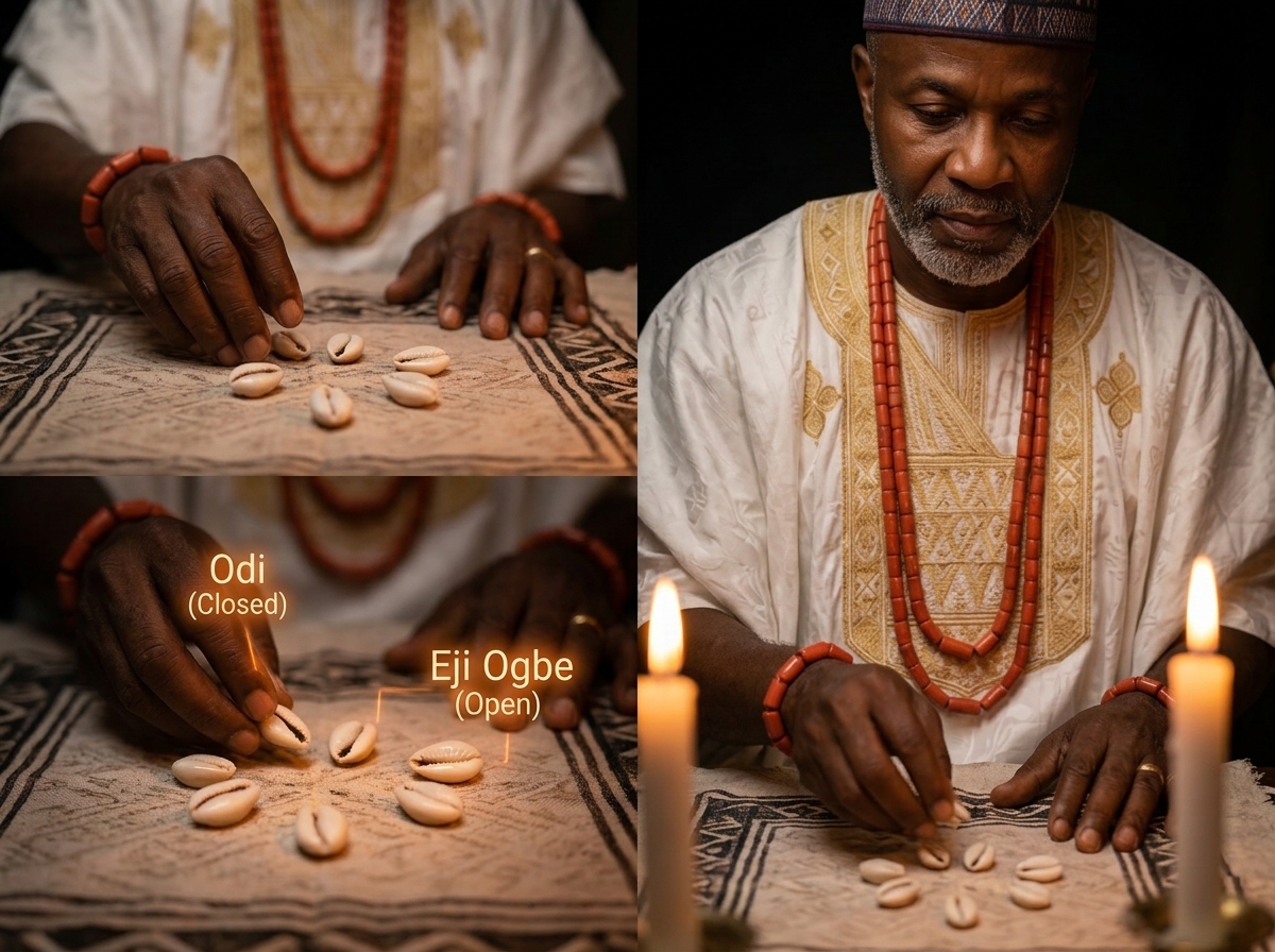 Baba Ali casting cowrie shells Step 1 divination reading