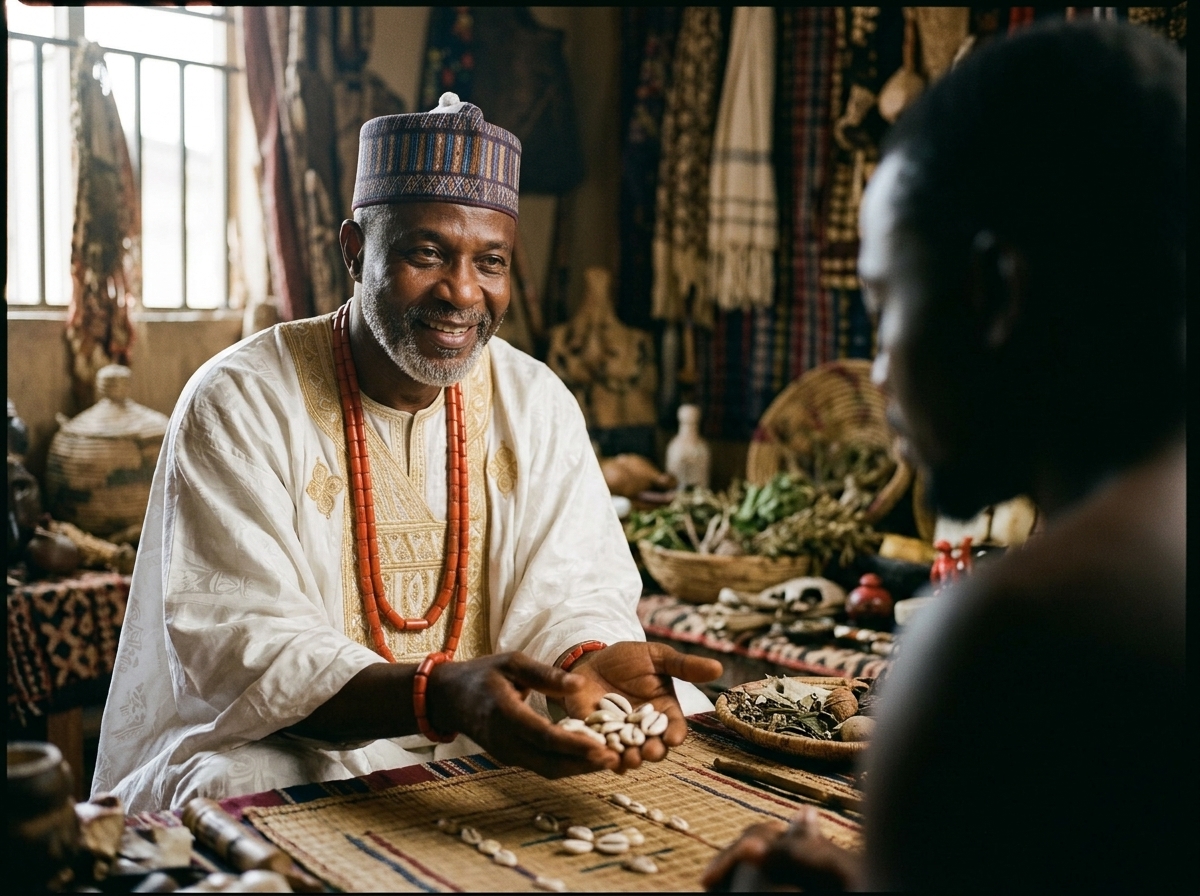 Baba Ali holding cowrie shells representing psychic reading video explanation