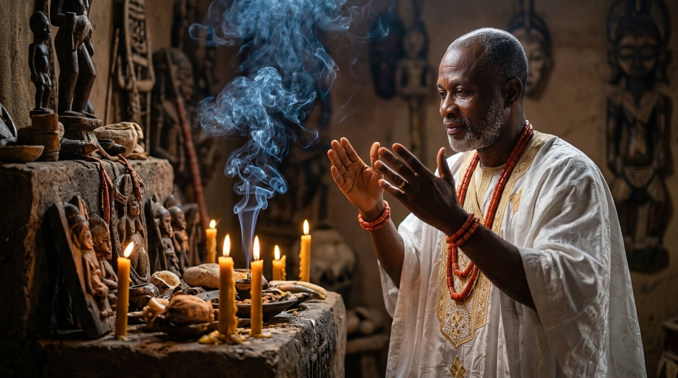 Baba Ali performing ritual altar Step 4 candle casting