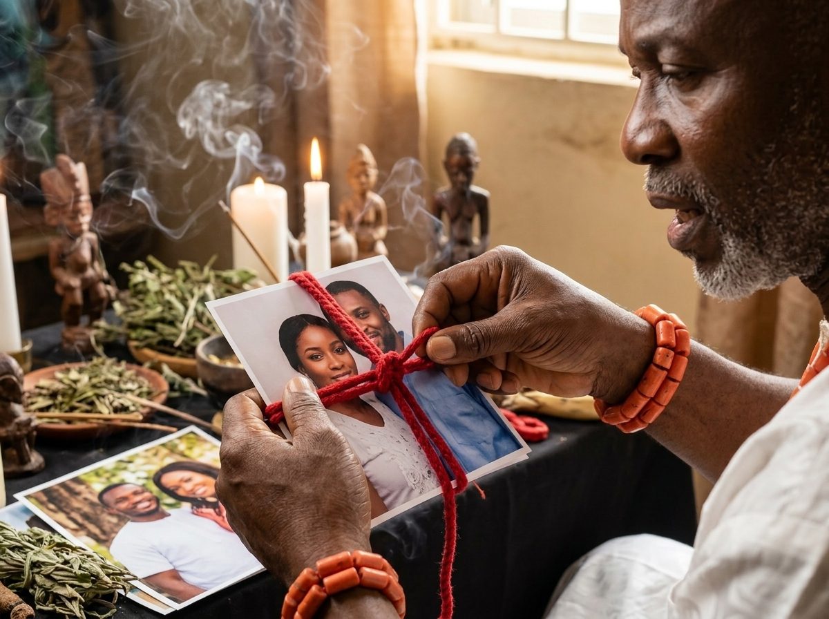 Baba Ali tying photos in ritual representing personalized casting work for client