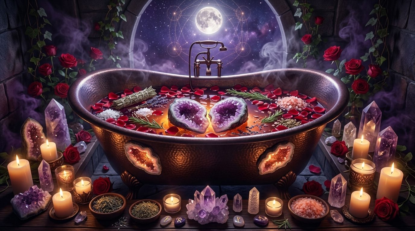 Sage cleansing ritual materials with herbs, candles, and salts prepared for smoke cleansing a home