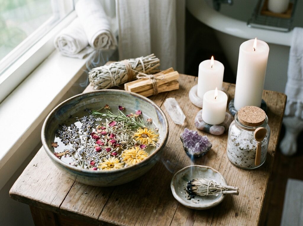Spiritual cleansing ritual bath setup with herbs for pre-love-spell preparation