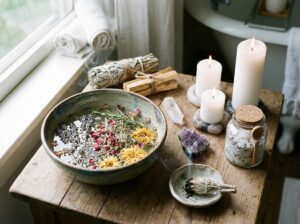 Spiritual cleansing ritual bath setup with herbs for pre-love-spell preparation