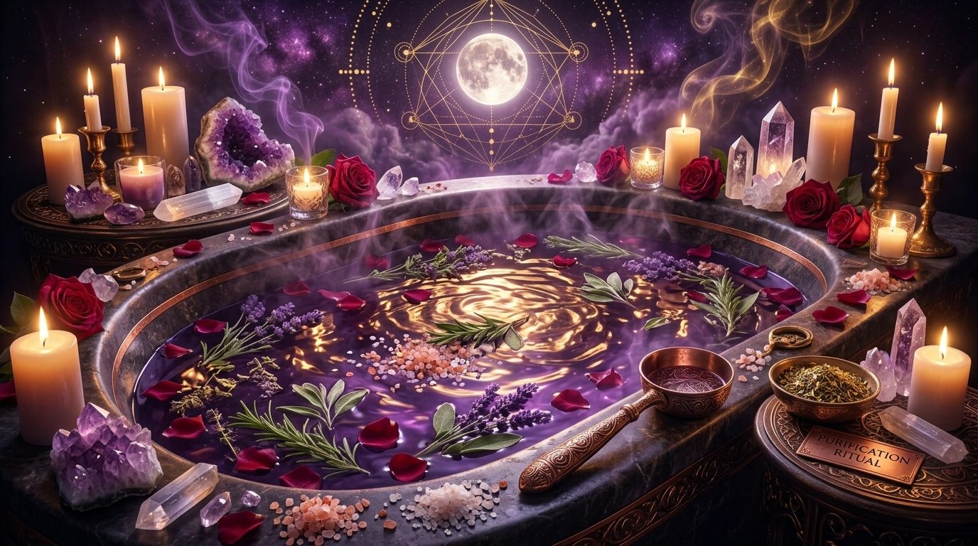 Home cleansing ritual setup with dried herbs, sage, and candles arranged for a spiritual house cleansing
