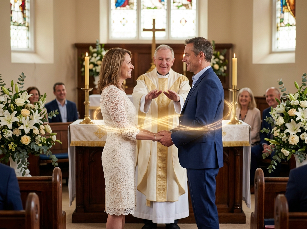 Couple at renewed altar celebrating love spell reunion success story
