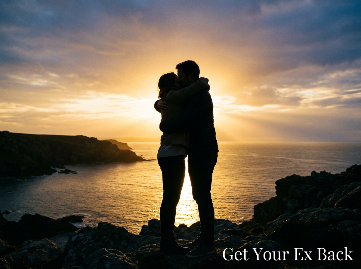 Couple reunion silhouette in golden light celebrating love spell success
