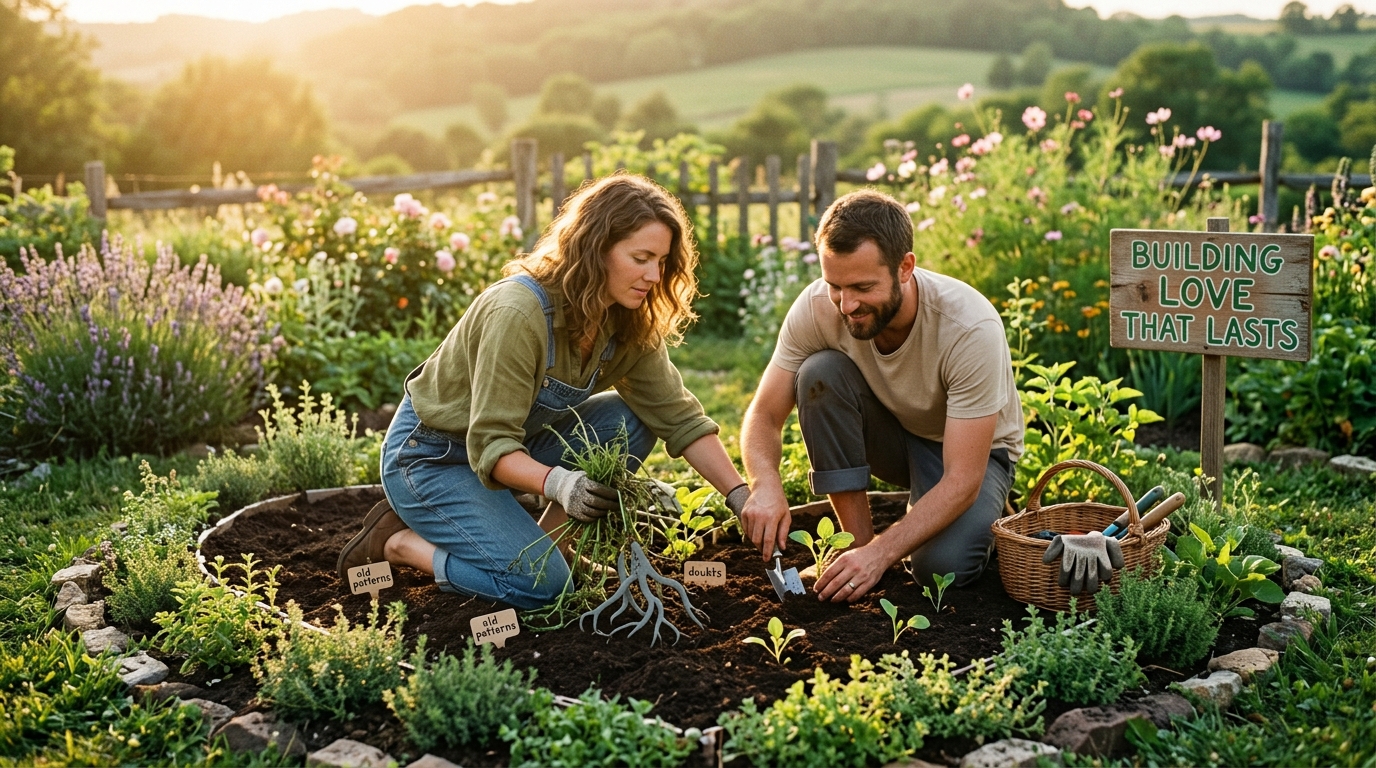 Couple tending heart garden love spell reunion growth