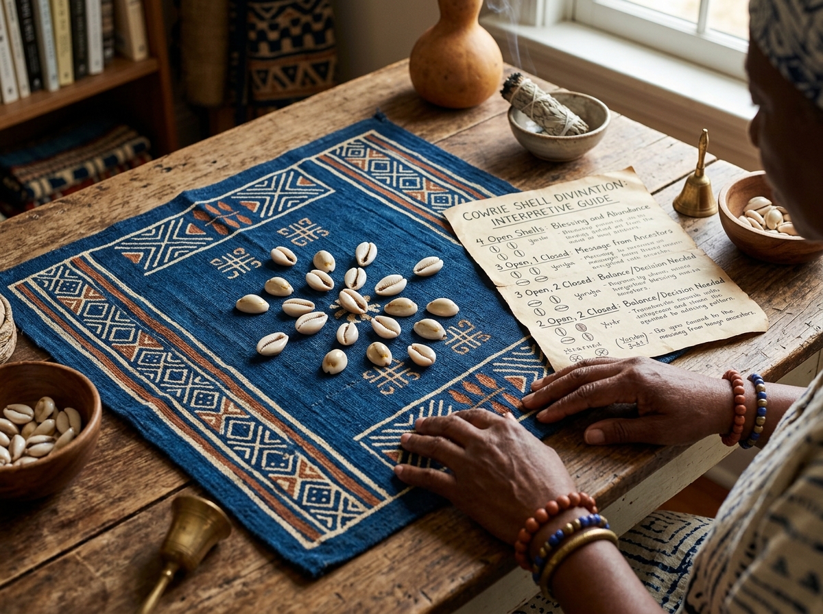 Cowrie shells divination chart showing love spell reading patterns