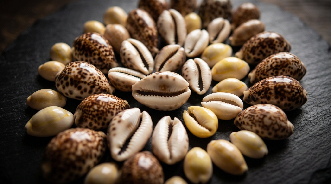 Cowrie shells close up for free divination reading