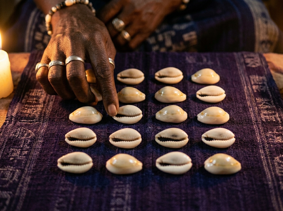 Cowrie shells on sacred cloth representing divination behind spell assessment quiz