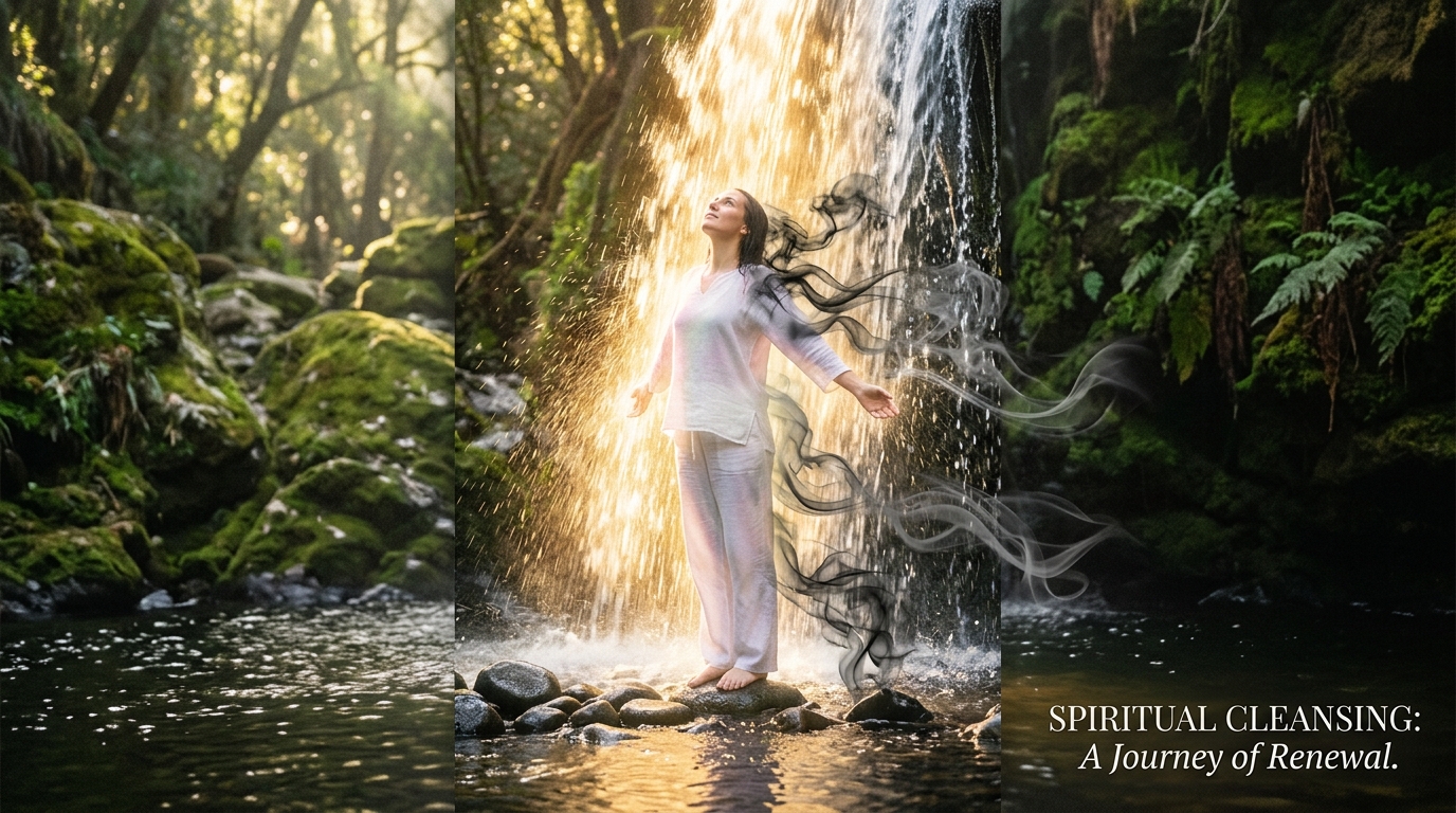 Figure under golden waterfall of light representing spiritual renewal after cleansing