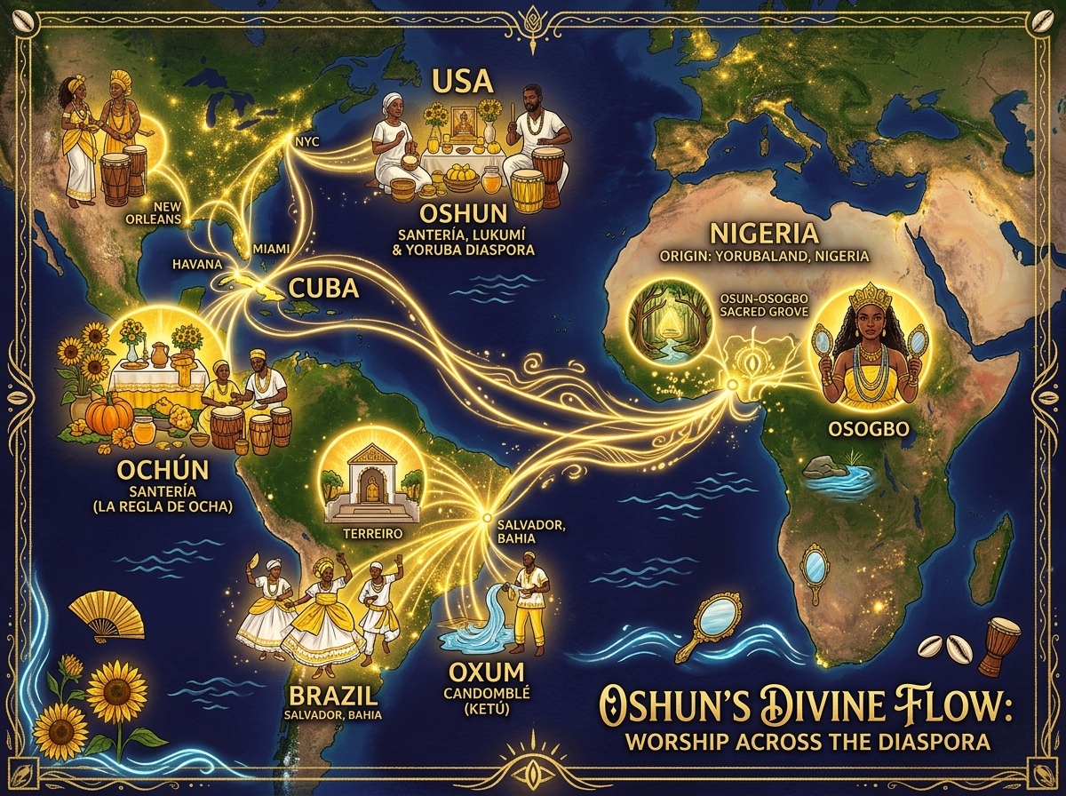 Global map Oshun worship diaspora Baba Ali love spell USA all cities