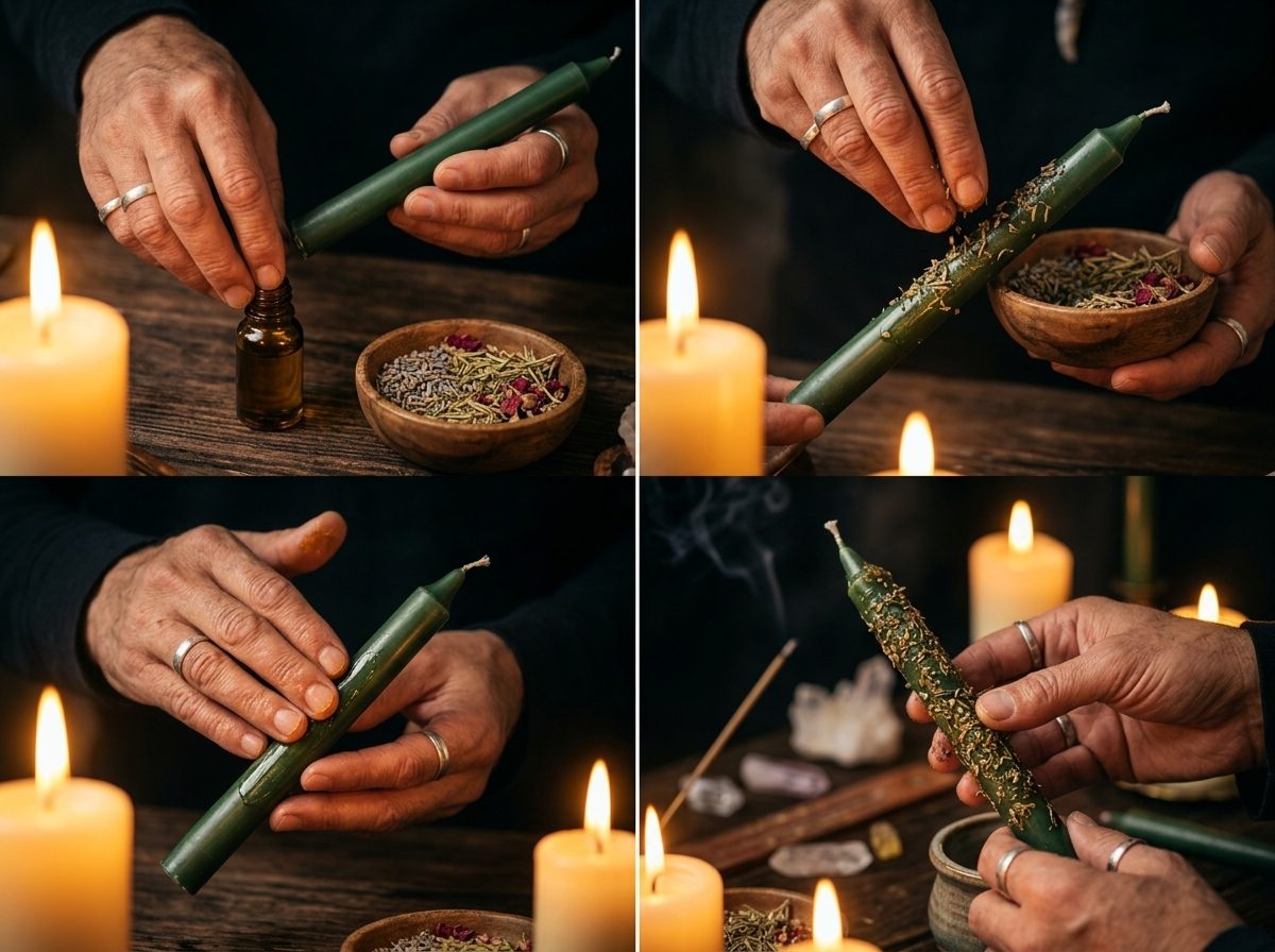 Hands anointing a ritual candle with oil before lighting