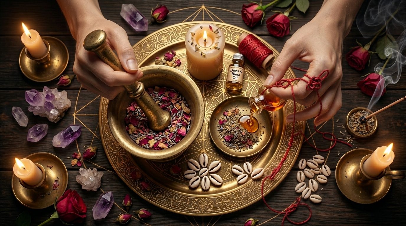 Hands grinding herbs with mortar and pestle for a spiritual house cleansing ritual blend