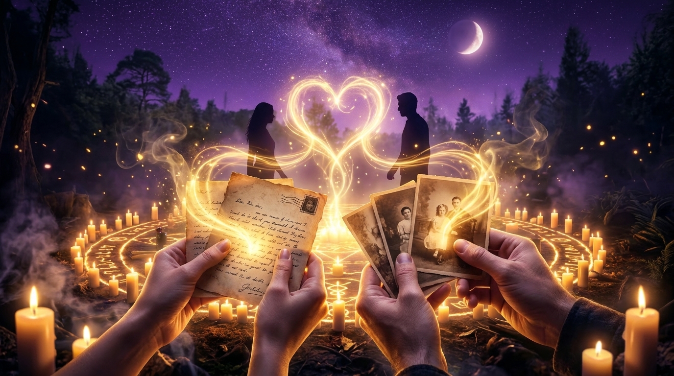 Hands holding old love letters and photographs — personal items for spiritual reunion rituals — get your ex back when blocked