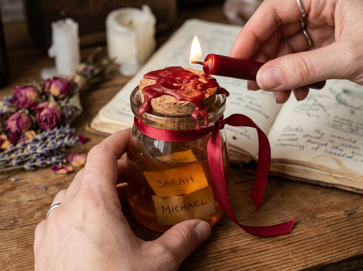 Honey jar love spell ingredients including cinnamon rose petals and written petition — love spells for beginners