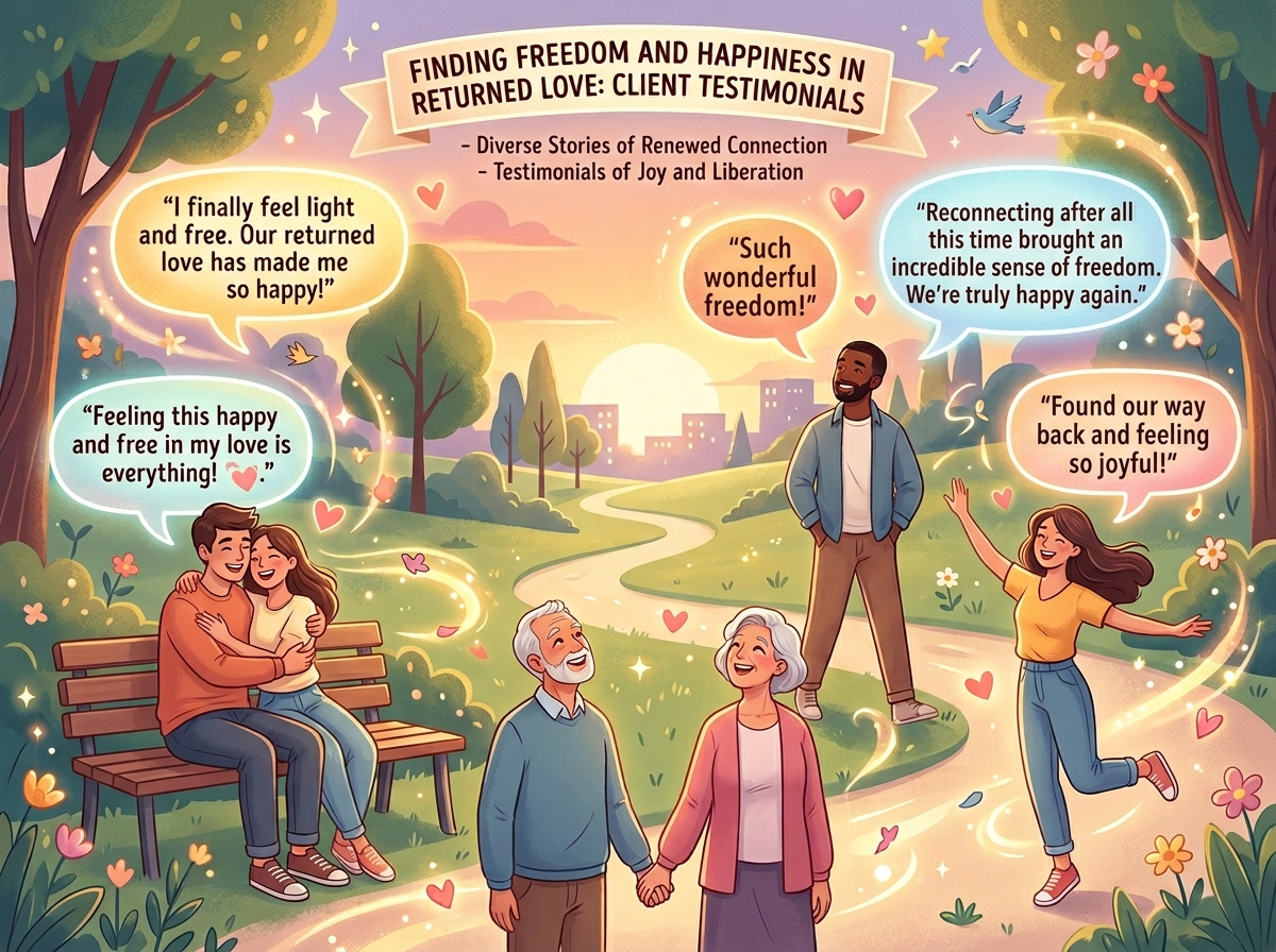 Illustration of happy clients representing love spell reunion testimonials