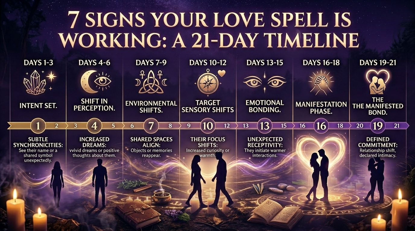 Love spell working infographic — signs and timeline for love spell manifestation — signs a love spell is working