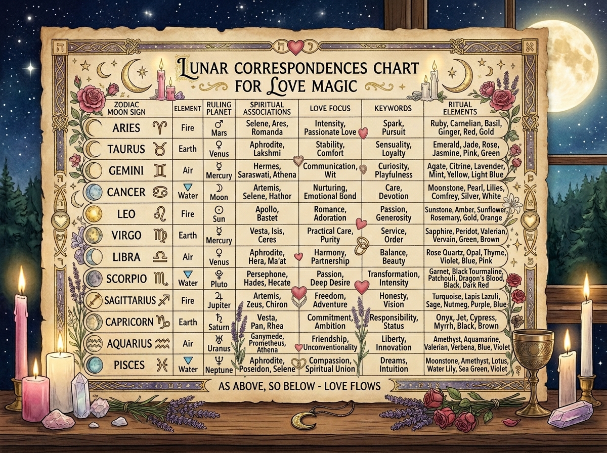Lunar correspondences chart love spell timing free guide