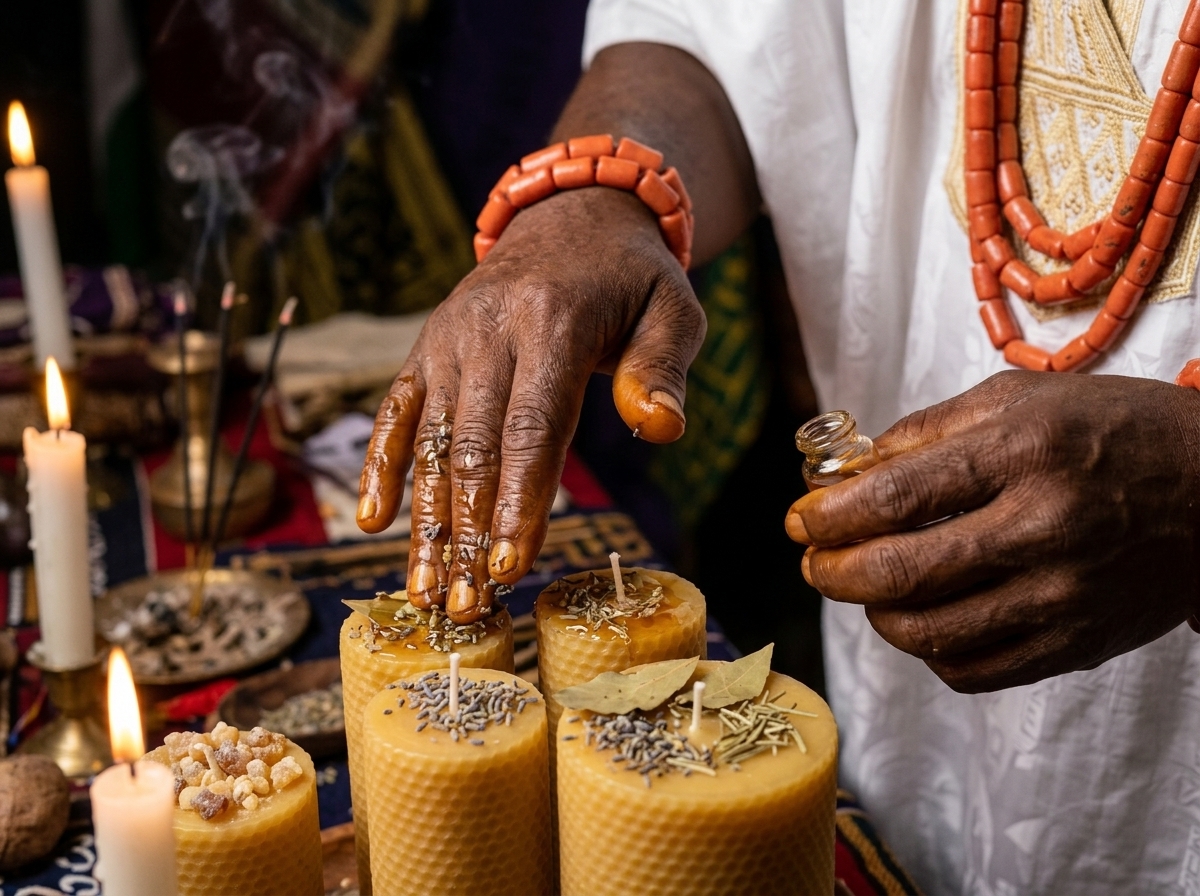 Man anointing candles with sacred oil representing candle magic video tutorial