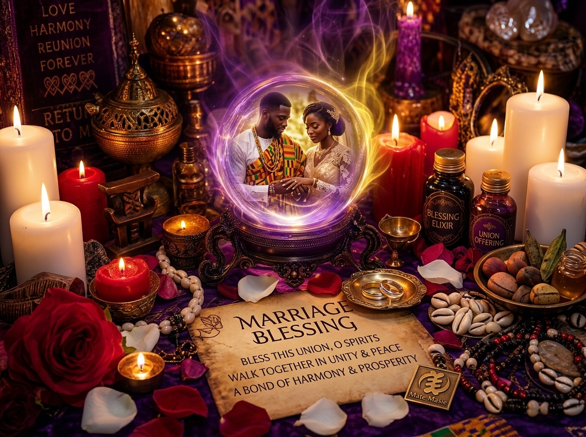 Marriage blessing ritual with sacred candles and offerings for healing ceremony