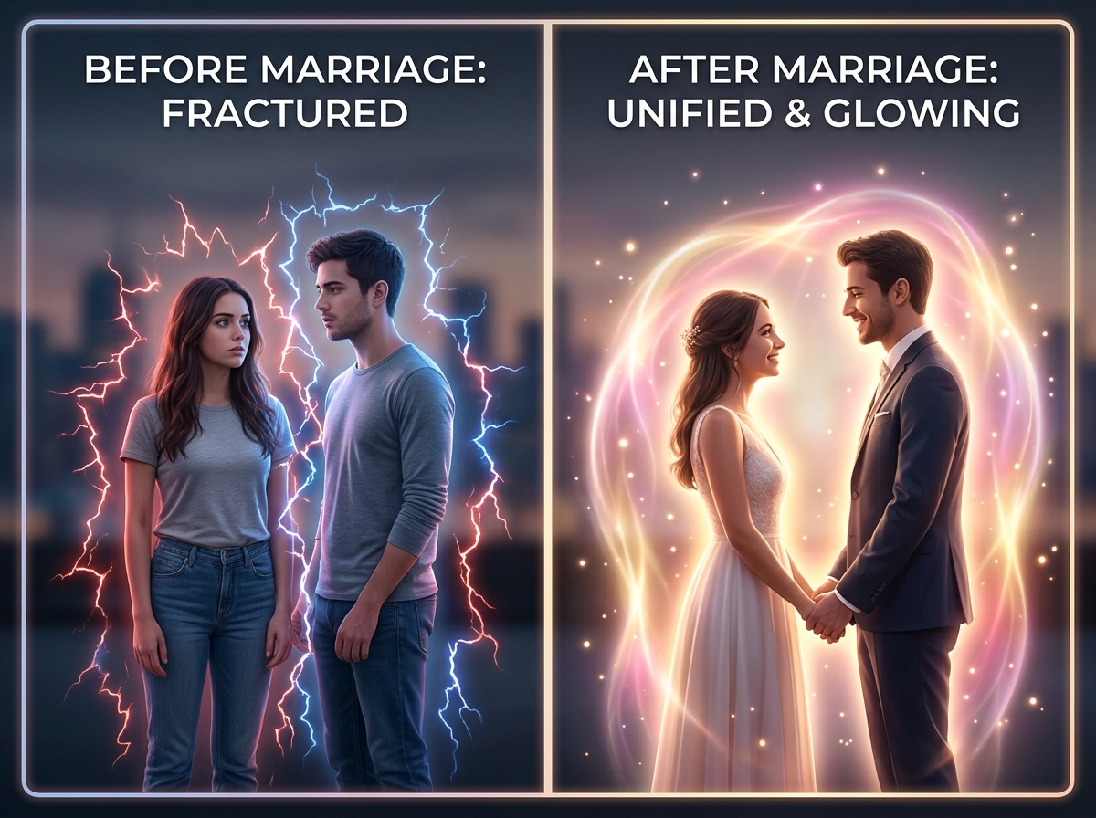 Marriage energy field visualization showing before and after commitment fortification