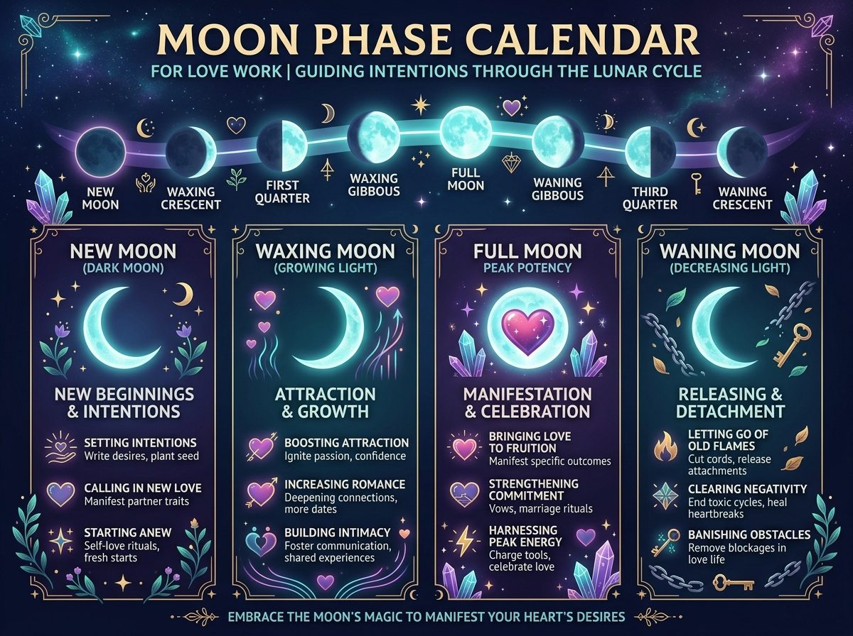 Moon phase calendar for spells showing optimal casting windows by lunar cycle