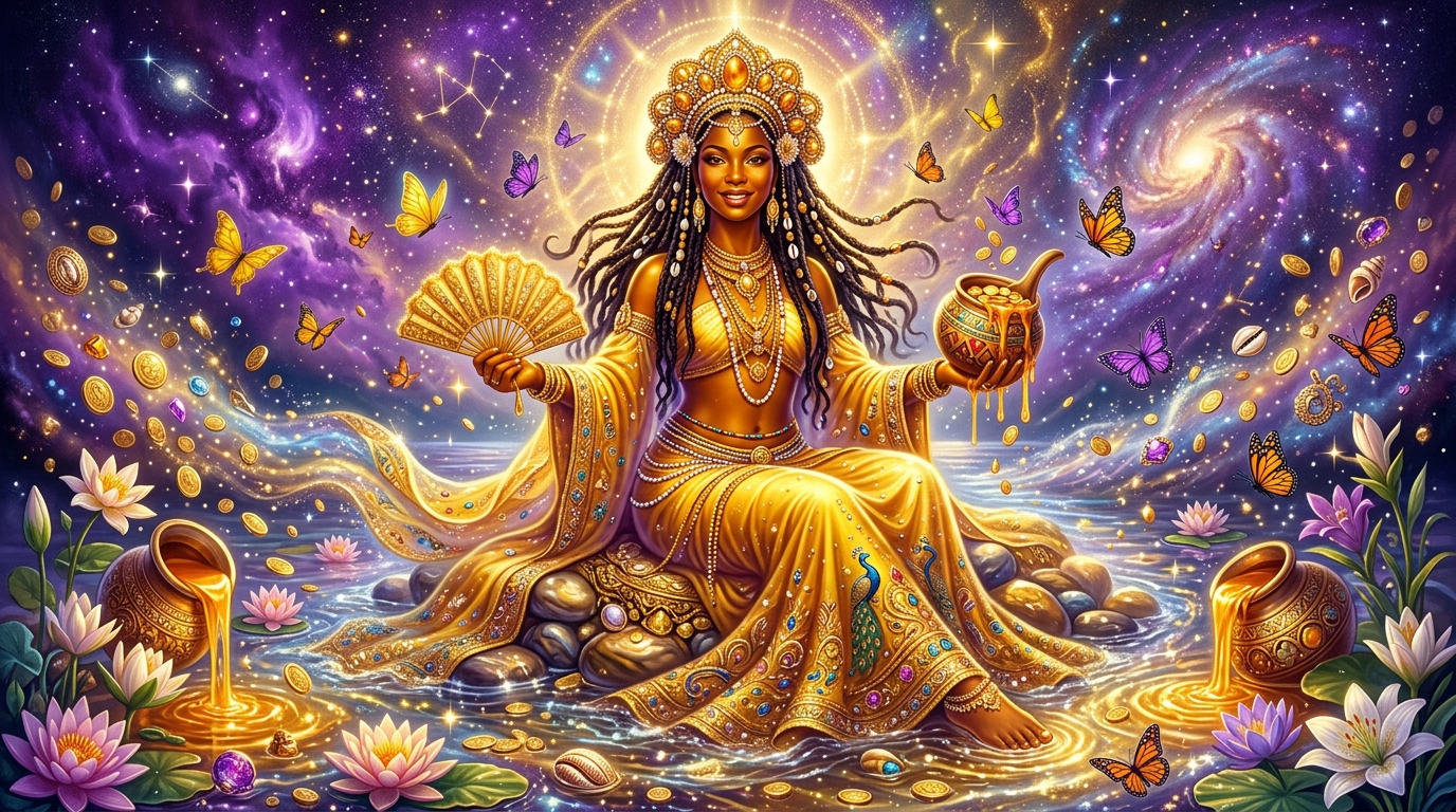 Oshun divine feminine figure at river representing goddess energy for love spells by zodiac sign — love spells for zodiac signs