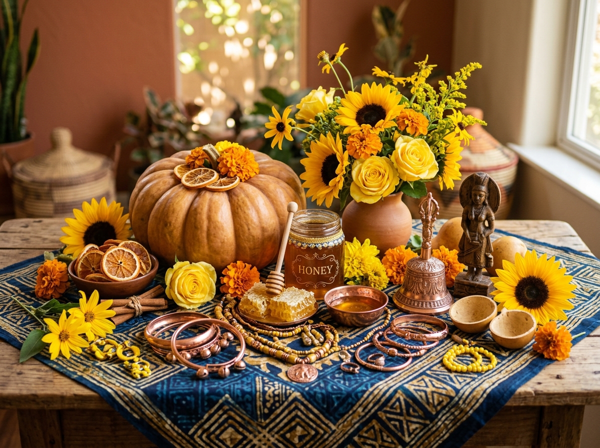 Oshun sacred symbols and offerings representing West African love magic services