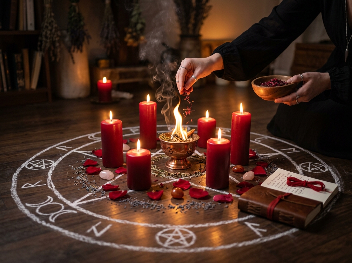Passion ritual with red candles and fire for intense obsession love spell casting