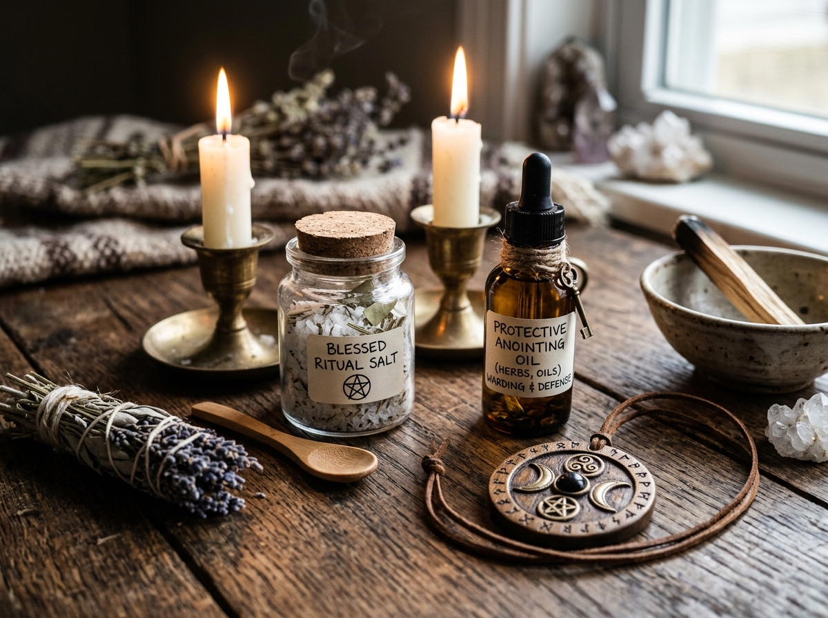Protection ritual kit with herbs salt sacred materials for spiritual defense