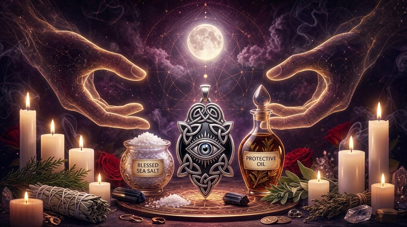 Protection ritual for home kit with salt, candles, and herbs for a spiritual house cleansing