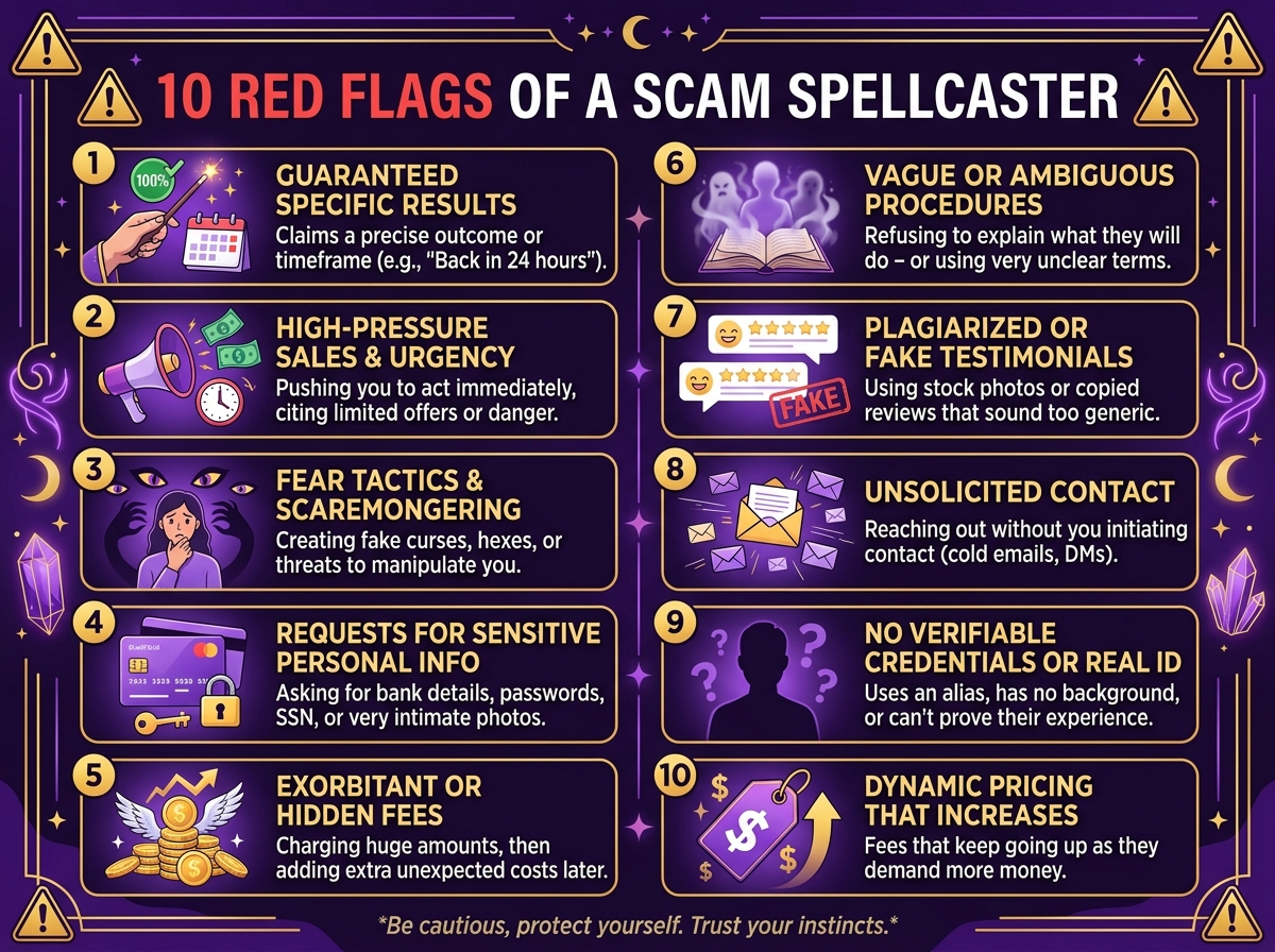 Red flags scam spellcasters infographic ethical comparison