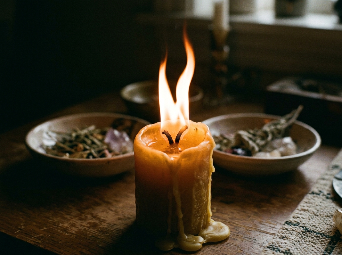 Ritual candle with dancing flame showing active love spell spiritual work